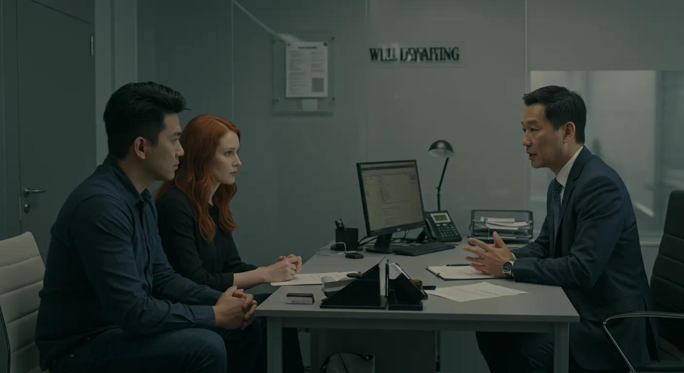 Couple consulting with a solicitor about will drafting in a modern office