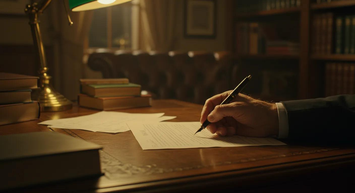 Close-up of a hand writing a will in a cozy home office setting