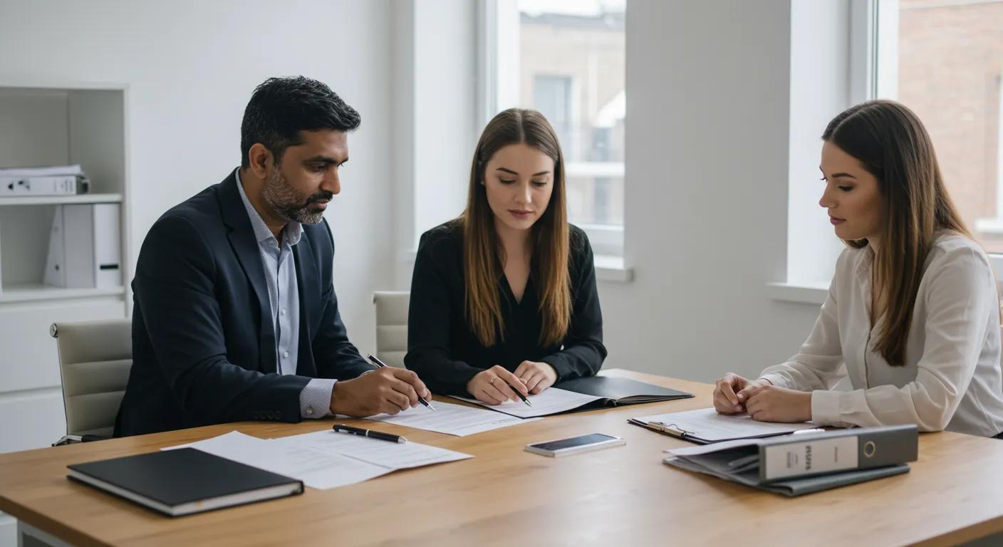 Residential property solicitor assisting a client with property documents in a professional office