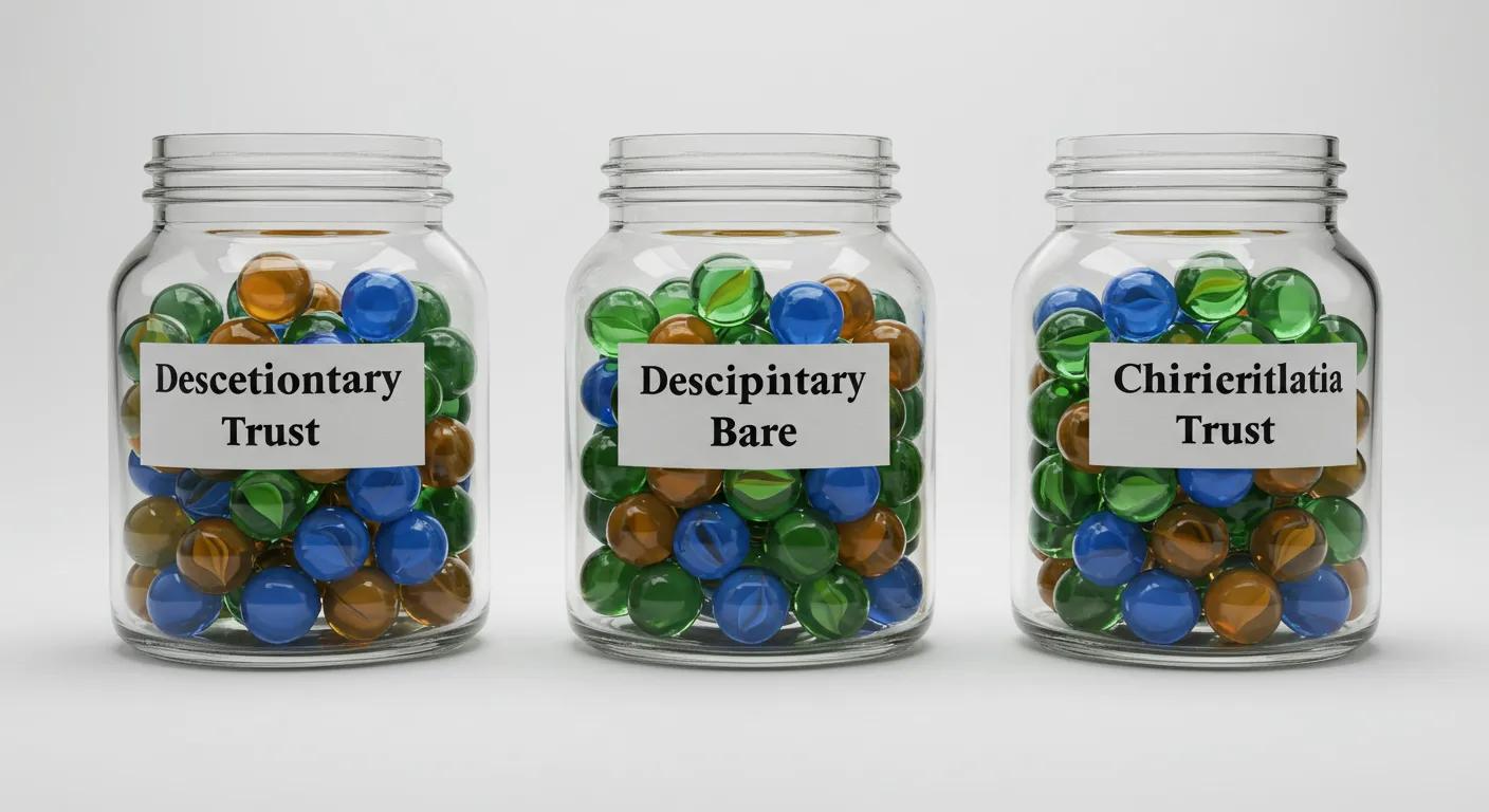 Three jars representing discretionary, bare, and charitable trusts with colorful marbles