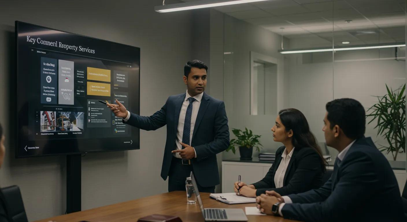 Solicitor discussing key commercial property services with clients in a professional setting