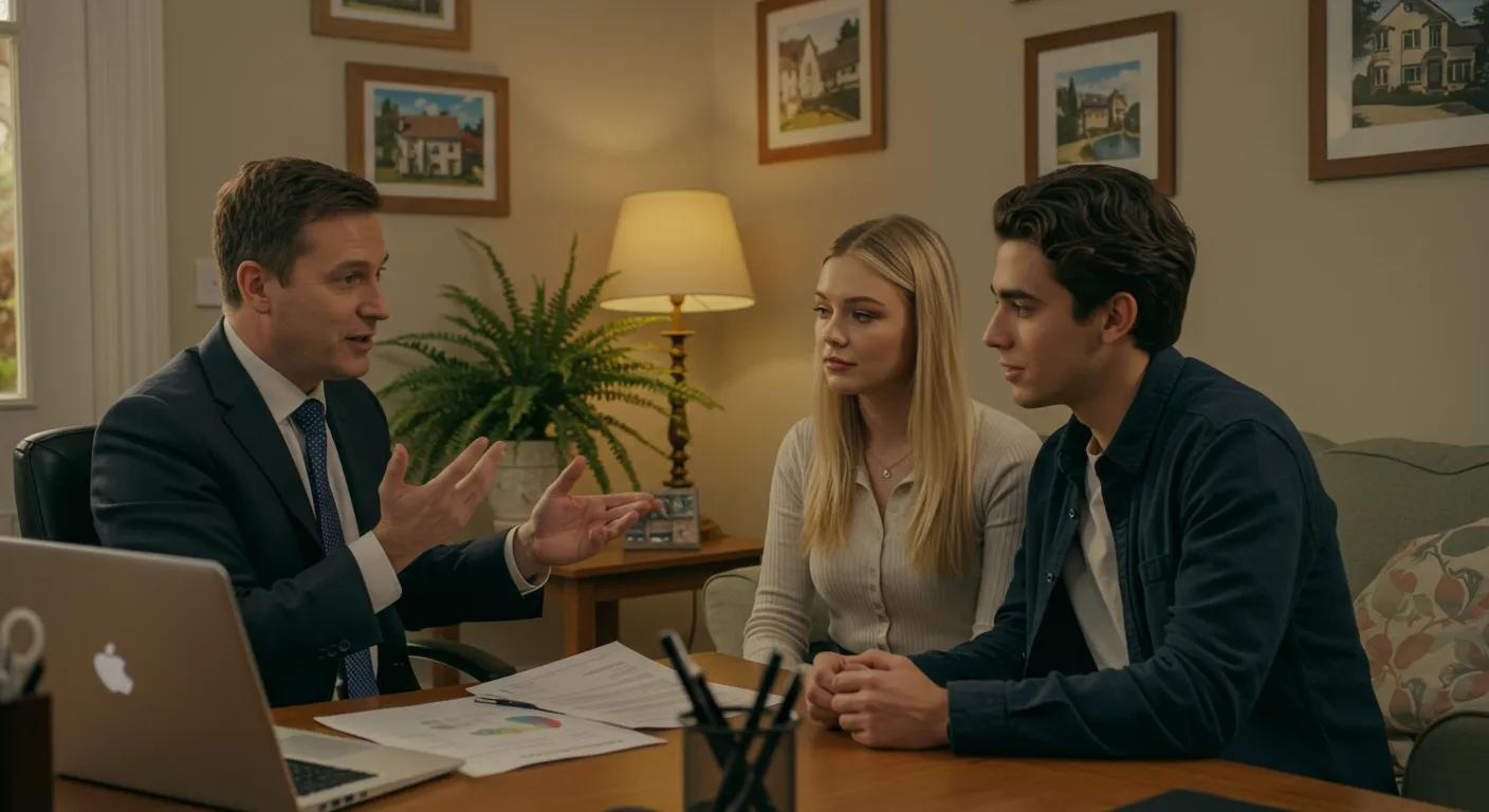 Solicitor explaining property buying steps to a young couple in a cozy office, showcasing support for first-time buyers