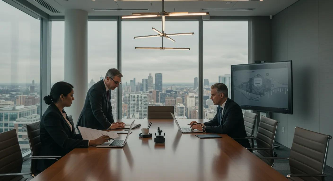 Team of commercial property lawyers collaborating in a modern conference room
