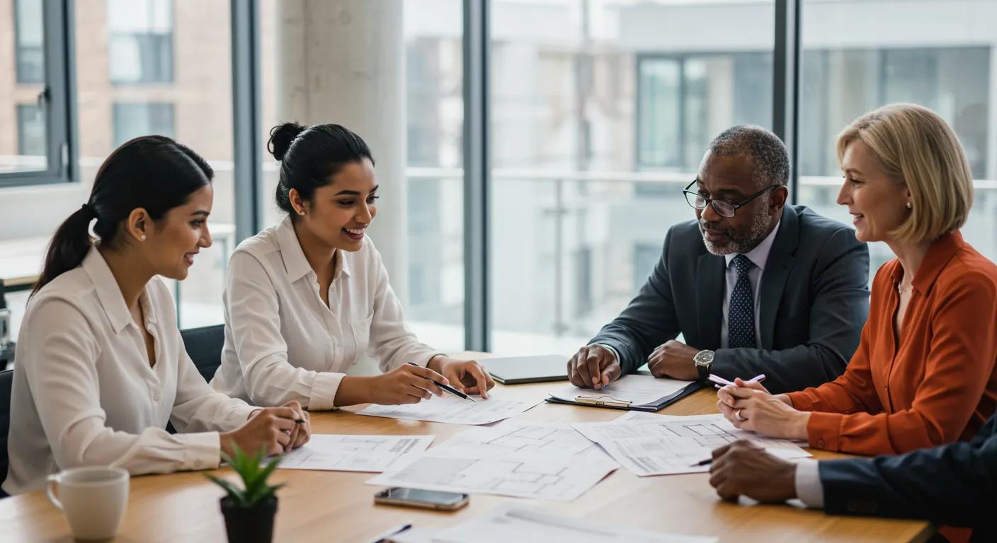 Diverse group discussing property documents in a modern office, emphasizing collaboration in the conveyancing process