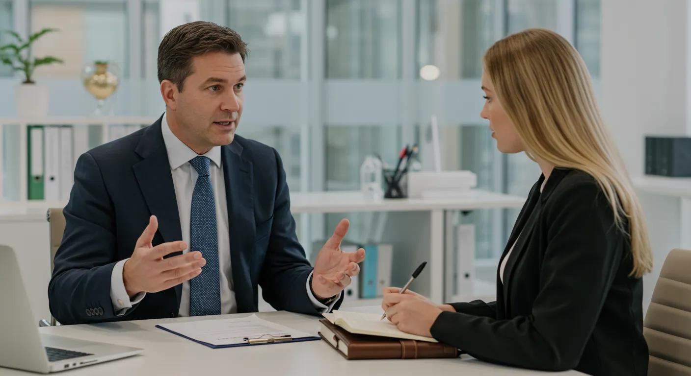 Solicitor explaining the probate process to a client in an office