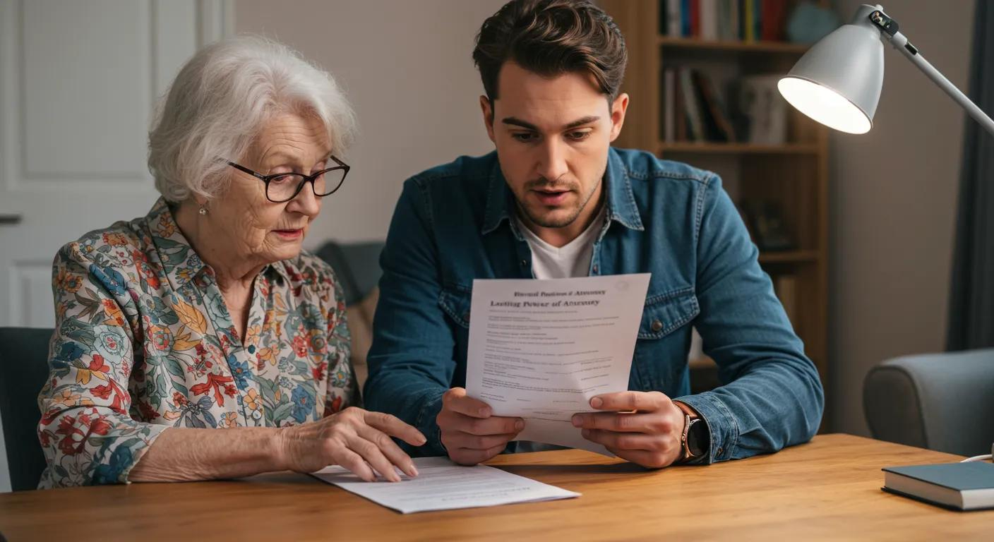 Elderly person and younger adult reviewing a Lasting Power of Attorney document together