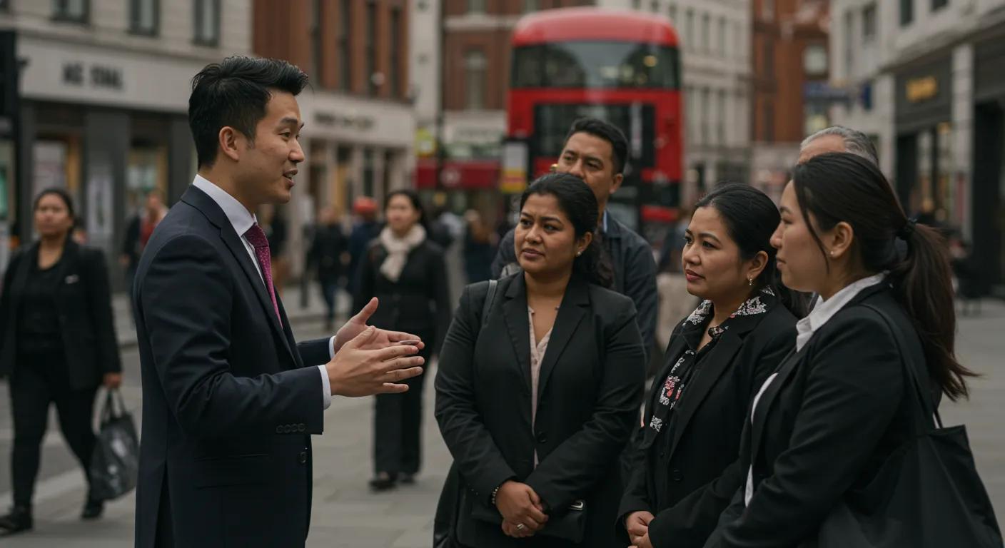 Solicitor engaging with local business owners in a busy Liverpool Street environment