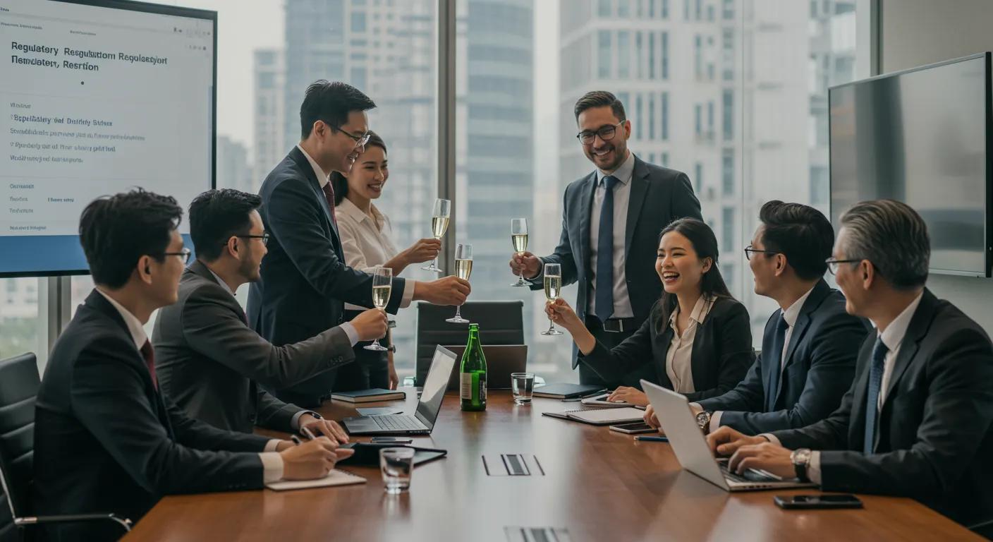 Celebration of a successful regulatory dispute resolution in a modern conference room with legal advisors and clients